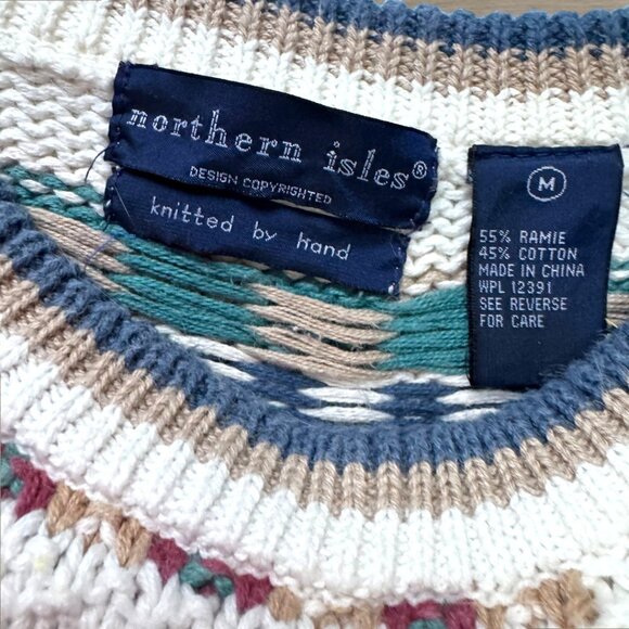 Vintage Northern Isles Hand Knit Sweater Geometric Stripe Ramie Cotton M - Picture 3 of 4